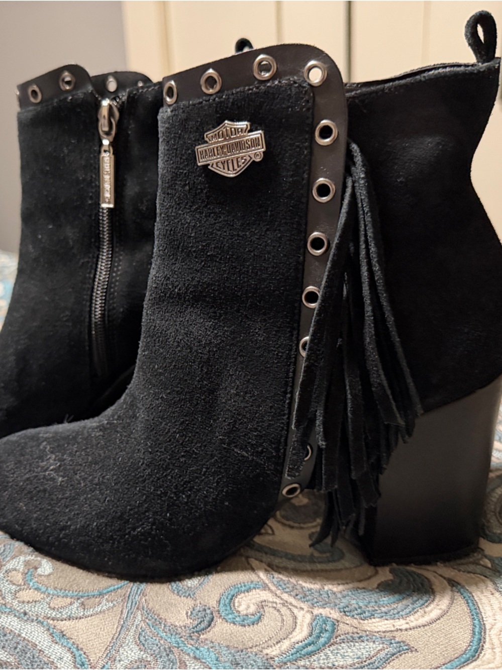 Harley-Davidson Black Suede Fringe Heeled Ankle Boots